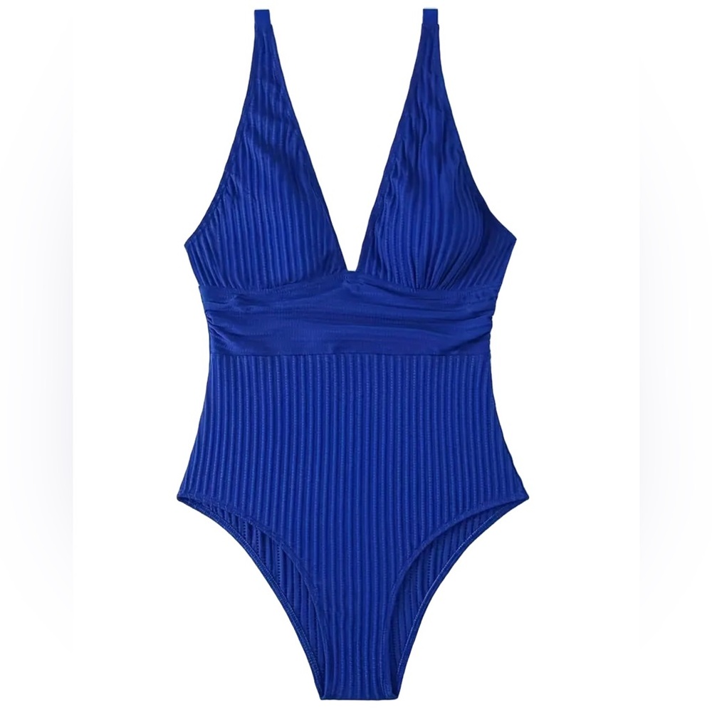 Blue V Neck Ribbed One Piece Swimsuit - Picture 3 of 9